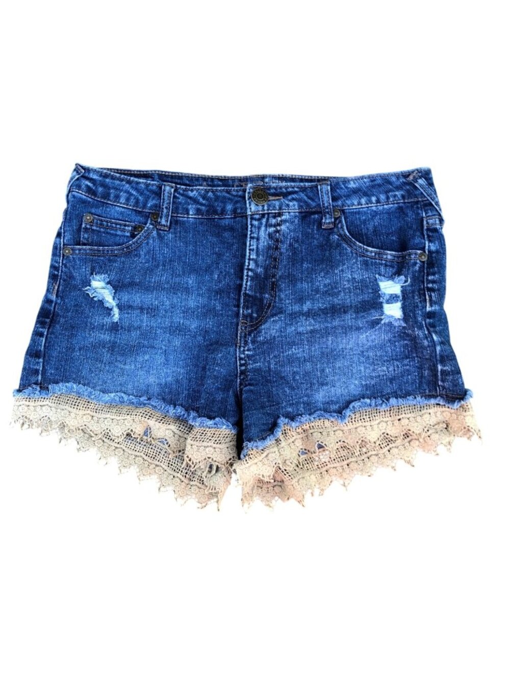 Celebrity Pink Jean Shorts Womens 9 Lace Trim Distressed Denim Blue Daisy Dukes